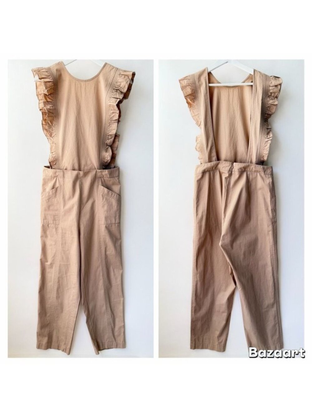 Ganni Phillips Cotton Jumpsuit Cuban Sand Ruffle Sleeveless Women’s Size 40 O57